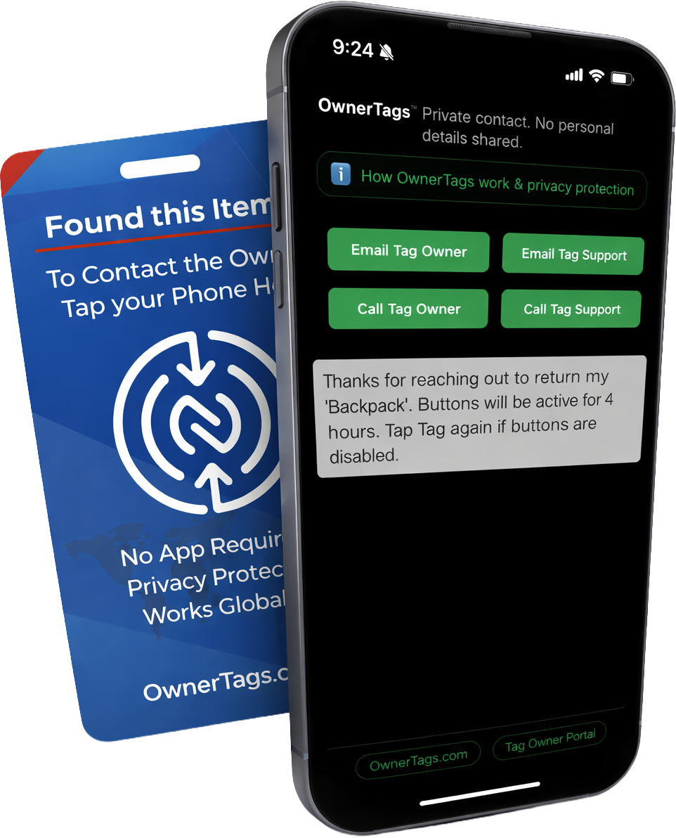 OwnerTags contact options shown after tapping a tag